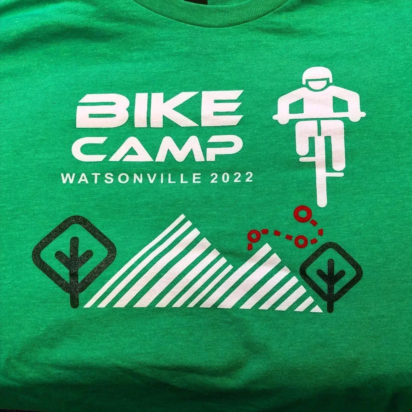 A Green T-shirt with a Bike Camp logo on it, Soquel, CA, Sport About Graphics